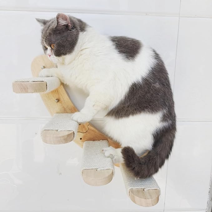 Cat Scratching Staircase, Wooden Climbing Post for Cats, Stairway Design Cat Climbing Shelf Wall Mounted, Four Step Cat Stairway with Jute Scratching for Cats Perch Platform (Flat-Ladder)
