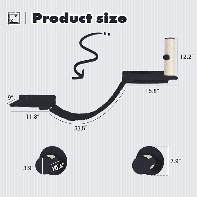 Cat Wall Shelves - 7 Pcs Luxury Wall-Mounted Cat Furniture, Including 2 Cat Wall Shelves 2 Solid Wood Steps 1 Cat Bridge Ladder 1 Sisal Cat Scratcher Post 1 Hanging Ball for Large Cats (Grey)