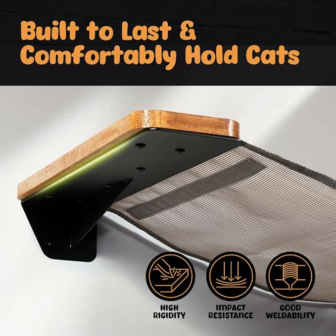 Cat Wall Hammock with Dual Fabric Design – Sturdy Wall Mounted Cat Bed for Large Cats, Cat Bridge, and Cat Wall Perch with Metal Frame and Wooden Shelf for Cozy Rest- MK2026A