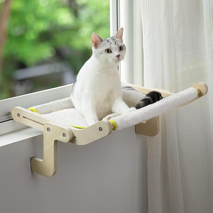 MEWOOFUN Sturdy Larger Cat Window Perch Cat Hammock for Window Cat Window Seat Bed with Reversible Mat No Suction No Drilling Cat Perches Holds Up to 40lbs (Beige-Large)