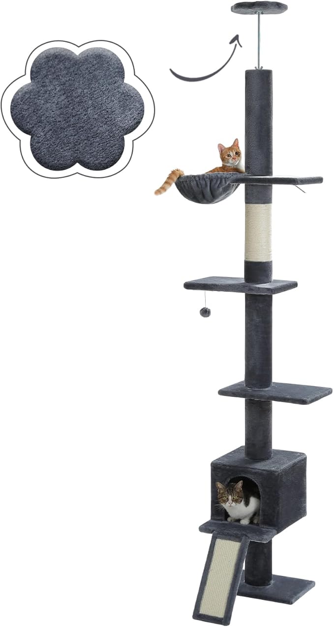 PETEPELA Floor to Ceiling Cat Tree, Cat Tower 5 Tiers Tall (83-108 Inches) Adjustable Height, Cat Climbing Tree Featuring with Cat Condo, Cat Scratching Post and Cat Perches for Indoor Cats, Daek Grey