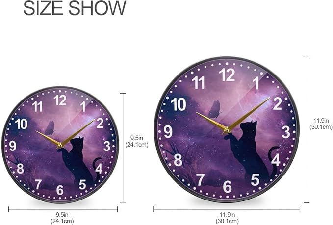 ALAZA Cat and Butterfly in Purple Galaxy Starry Wall Clock Battery Operated Silent Non Ticking Clocks for Living Room Decor 12 Inch / 9.5 Inch