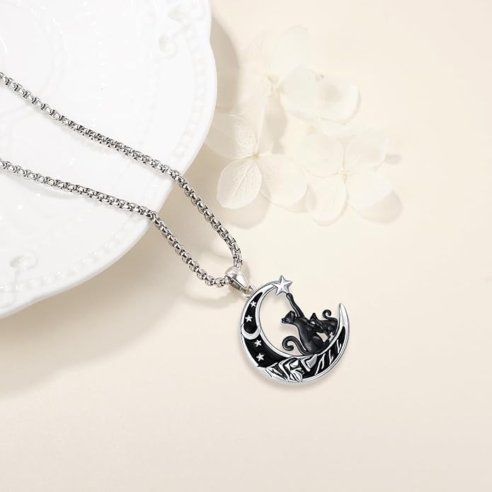 Aniu S925 Sterling Silver Cat Necklace for Women - Moon Pendant Jewelry, Gifts for Cat Lovers