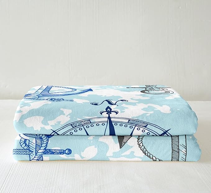 Anchor Decor Sherpa Blanket Nautical Compass Blanket for Bed Couch Travel Sofa Ocean Marine Themed Fleece Throw Blanket Kids Adults Soft and Cozy Sea Adventure Plush Fuzzy BlanketQueen 90"x90"
