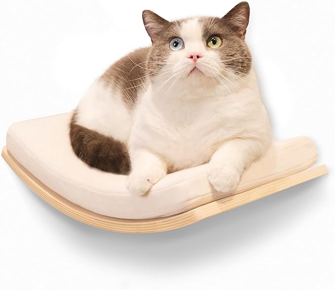 Cat Wall Shelves Curved Floating Cat Shelf Perch Bed with Cushion Wooden Easy to Install Cat Wall Furniture for Climbing Sleeping 16.5"x10.2"(White Oak)