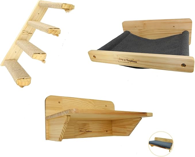 Story of Naughtiness, Cat Wall Set, Cat Furniture Set, Cat Climbing Step, Cat Hammock, Cat Floating Shelf, Wall Mounted, Cat Wall Furniture, 3 Pack Cat Wall Shelves Set