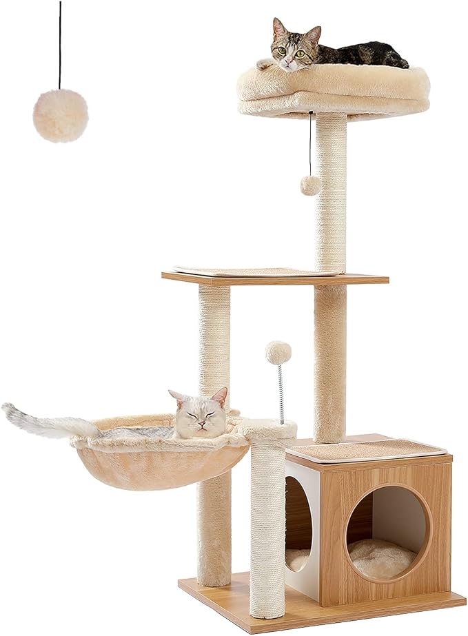 PEQULTI Cat Tree Modern Cat Tower for Indoor Cats,Multilevel Cat Play House with Large Condo, Spacious Hammock, Cozy Top Perch,Scratching Post and Dangling Balls