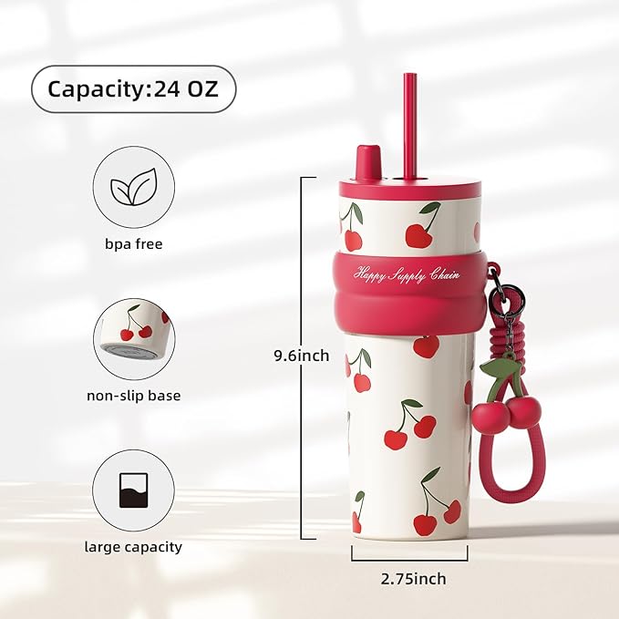 24 OZ Stainless Steel Tumbler with Lid and Straw, Sidagar Insulated Water Bottle Leak Proof for Hot and Cold, Portable Iced Travel Coffee Mug, Reusable Thermal Coffee Cup For Women Women, Cherry