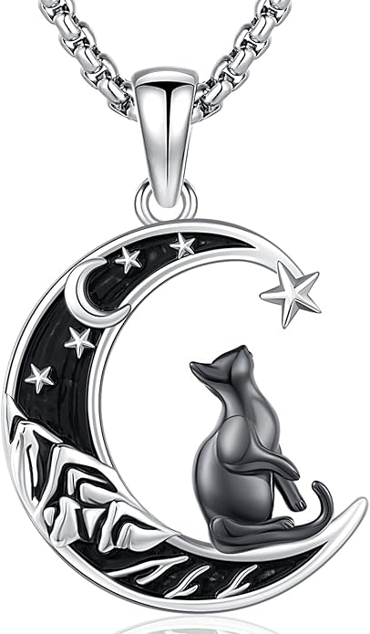 Aniu S925 Sterling Silver Cat Necklace for Women - Moon Pendant Jewelry, Gifts for Cat Lovers