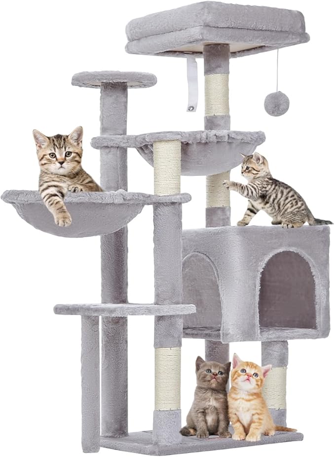 Taoqimiao Cat Tree, 39.4-Inch Cat Tower for Indoor Cats,Suitable for Kittens,Plush Cat Condo with 5 Scratching Posts, Plush Perch,2 Hammock,Pompoms, MS019W Light Gray