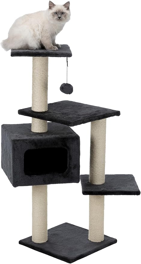 TRIXIE Palamos Gray Cat Tower with Scratching Posts, Condo, Three Platforms, Dangling Pom-Pom 15.25 x 15.25 x 42.75 in.