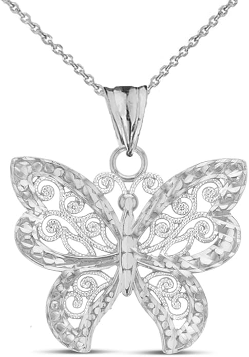Animal Kingdom Elegant Sterling Silver Filigree & Sparkle-Cut Butterfly Charm Pendant Necklace
