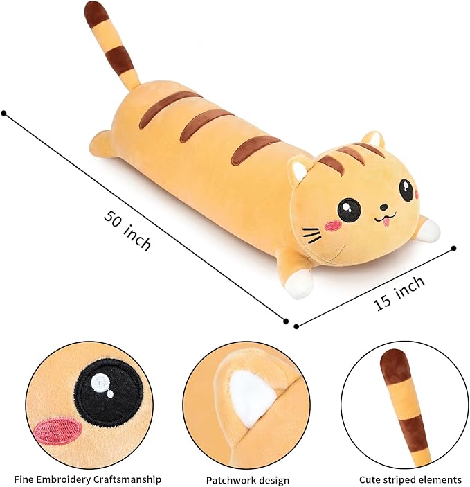 AFAN Long Cat Plush Cute Cat Body Pillows Kawaii Stuffed Animals Plushies Soft Cuddly Cotton Plush Toys Room Decor Gifts for Kids Girls Boys Adults (Yellow, 50 Inch)