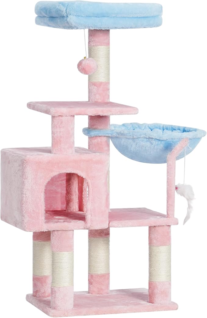 Heybly Cat Tree with Toy, Cat Tower condo for Indoor Cats, Cat House with Padded Plush Perch, Cozy Hammock and Sisal Scratching Posts, Blue and Pink HCT004SBP