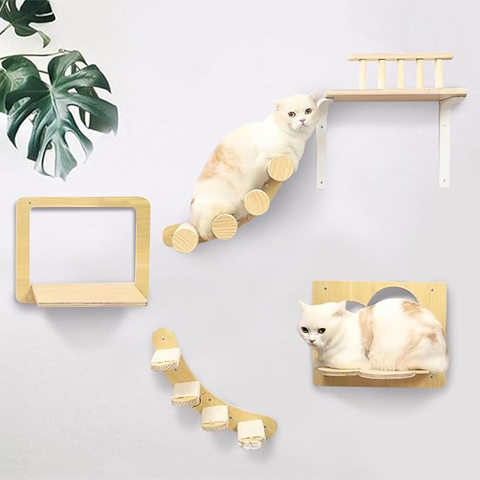 PINVNBY 5 Pcs Cat Wall Furniture, Cat Wall Shelves, DIY Cat Walls Playground with 3 Cat perches, 2 Cat Steps for Sleeping, Playing, Climbing, Large, Burlywood