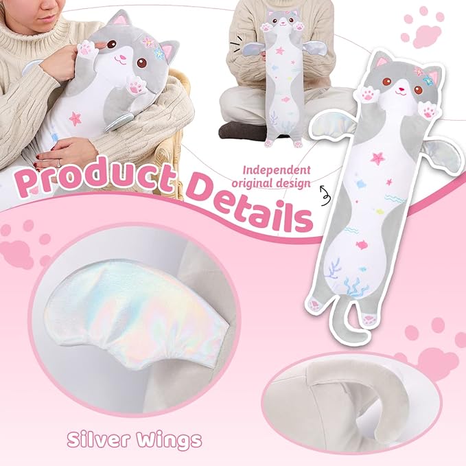 AIXINI Long Cat Plush Pillow Cartoon Cute Gray Cat Stuffed Animals, Soft Kawaii Kitten Plushies Pillow Toy for Kids (Gray,19.7inch)