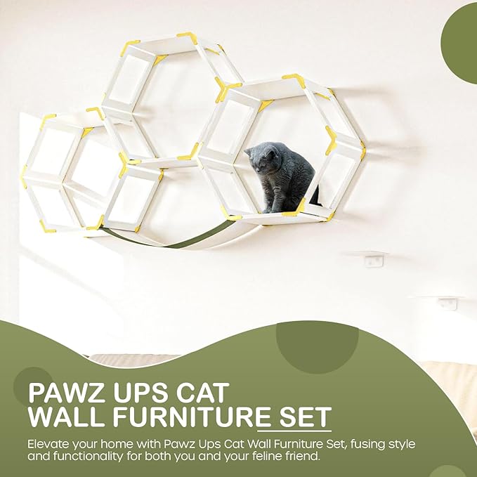 Cat Wall Furniture Set, Wall Mounted Cat Climbing Floating Shelf with Cat Entry Stairs and Hammock, White Perch Hexagons Shelves For Climber Cats, Cat Wall Tree With Window Hammock Bridge Bed
