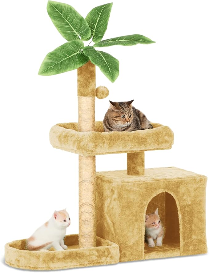 31.5" Cat Tree Cat Tower for Indoor Cats with Green Leaves, Cat Condo Cozy Plush Cat House with Hang Ball and Leaf Shape Design, Cat Furniture Pet House with Cat Scratching Posts, Beige