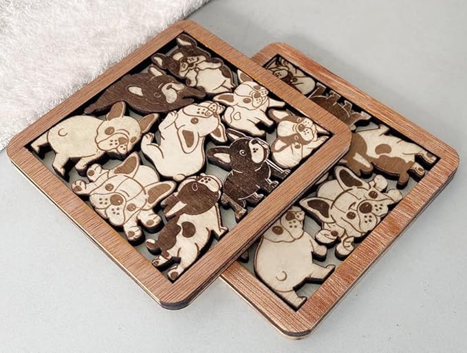 02 French Bulldog Dog Puzzle Wooden Coaster Set - Interlocking Jigsaw Drink Mats with Laser-Cut Design for Pet Lovers (02 French Bulldog Coasters)