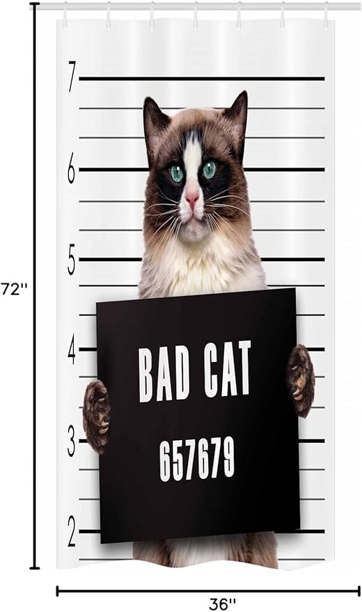 Ambesonne Cat Stall Shower Curtain, Bad Gang Cat in Jail Kitty Under Arrest Criminal Prisoner Hangover Work, Fabric Bathroom Decor Set with Hooks, 36" W x 72" L, Brown Black White