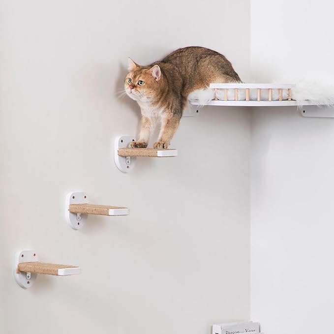 3pcs Cat Wall Steps, Cat Climbing Wall Mounted Cat Furniture, Cat Wall Shelves Cat Steps for Wall with Hemp Rope Covered, Solid Wood Cat Ladder for Cats Playing and Climbing (Standard-White)