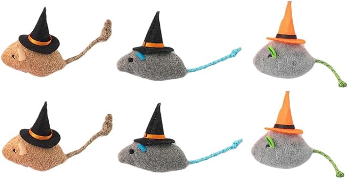 6 Packs Cat Toys Interactive Toy Witch Magic Hat Costume Plush Mouse Shaped Catnip Toys