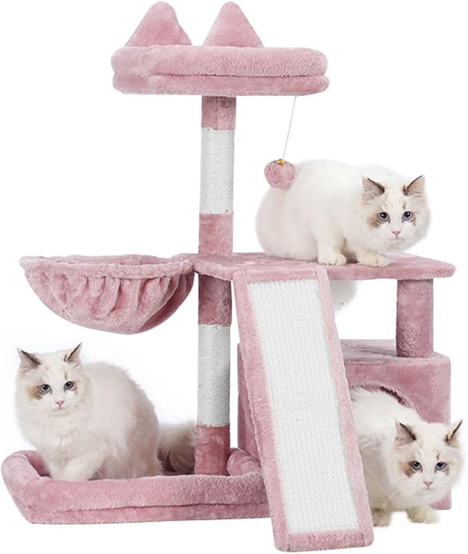 Cat Tree, Cat Tower with condo, Basket, Large Bed, Platform, Scratch Board, Cat Scratching Posts for Indoor Cats, Pink GCT002SP