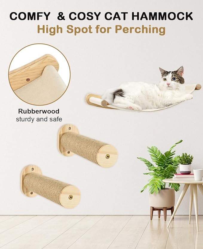 Cat Hammock for Wall, Cat Wall Hammock with 2 Cat Wall Steps, Cat Climbing Shelves Wall Mounted, Cat Shelf for Climbing, Sleeping, Playing, Cat Wall Shelves for Indoor Cats or Kitty