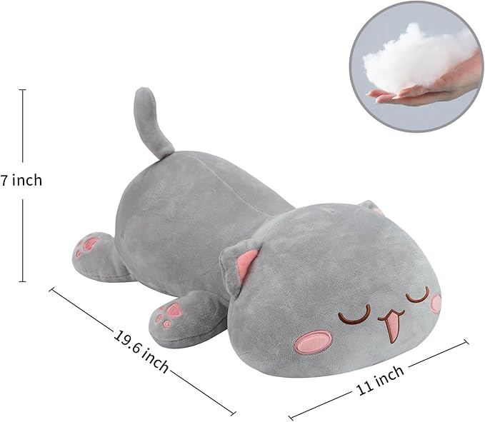 AFAN Cat Stuffed Animals Plush Cute Soft Cat Plush Pillow Toys Kawaii Plushies Room Decor Gifts for Kids Girls Boys (Squinted Eyes, Grey, 19.6 Inch)