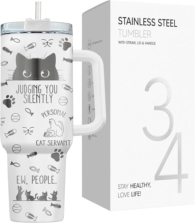 34HD Funny Black Cat Tumbler with Handle and Straw, 40oz Double Wall Vacuum Insulated Kitty Mug, Pet Gifts for Women Men, Cat Lover Gifts for Birthday Mothers Day Halloween Christmas