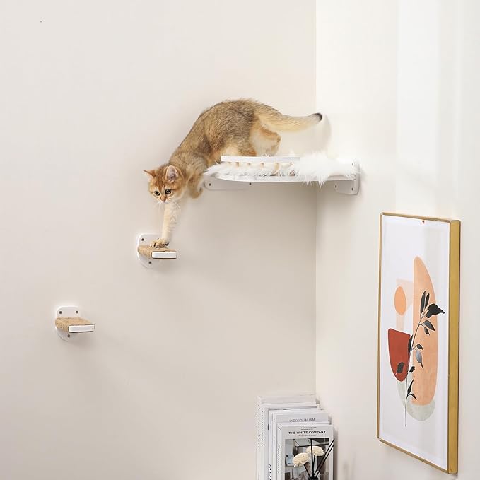3 Pcs Cat Wall Steps, Cat Shelves and Perches for Wall, Wall-Mounted Cat Climbing Shelf with Hemp Rope Covered, Cat Wall Furniture Steps Set with Scratching Pads for Cats Playing and Climbing (White)