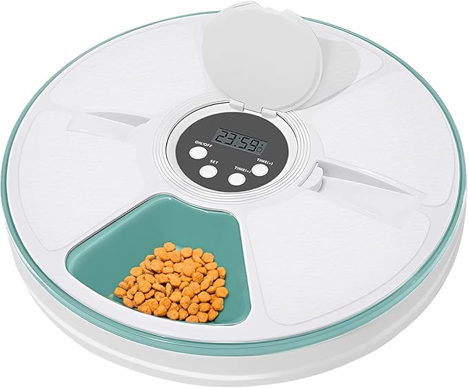 Automatic Cat Feeder Wet Food/Dry Food, 6Meal Timed Pet Feeder Easily Programmable &Easy to Clean, Auto Feeder for Cats/Small Dogs(Green)
