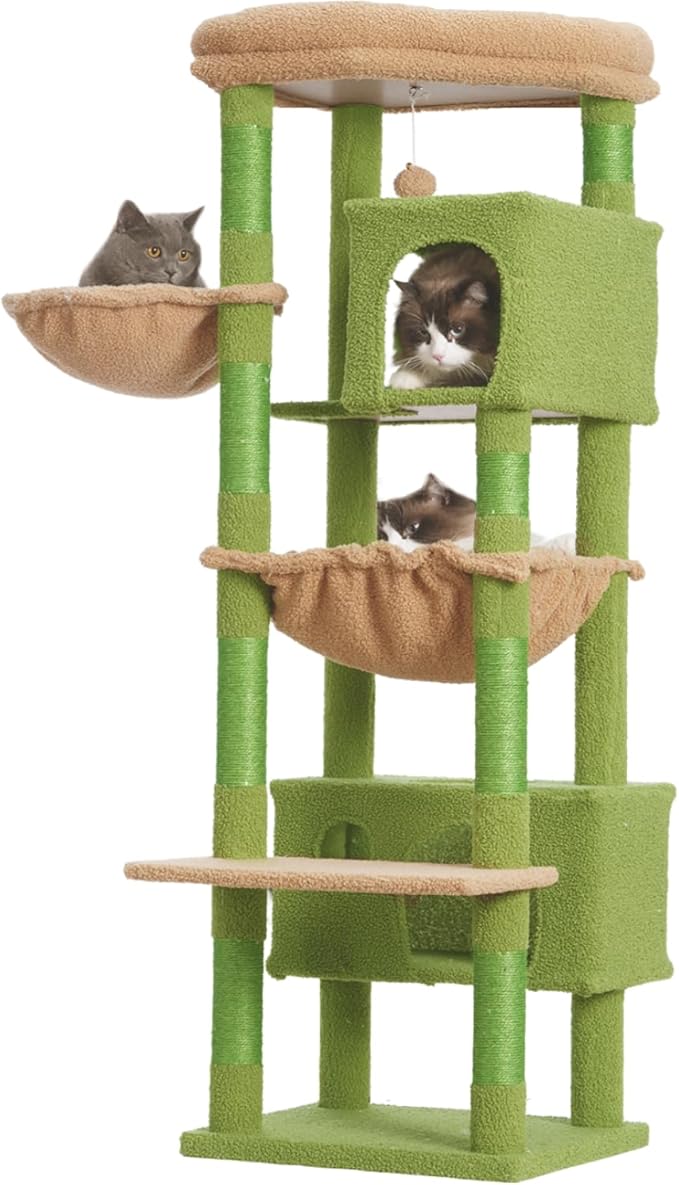 Cat Tree for Indoor Cats Large Adult, 60.2 Cat Tower with Large Platforms, Cat condo, Cat Tree Tower with 8 Cat Scratching Posts, Cat Hammock, Green and Brown GCT030-MGY