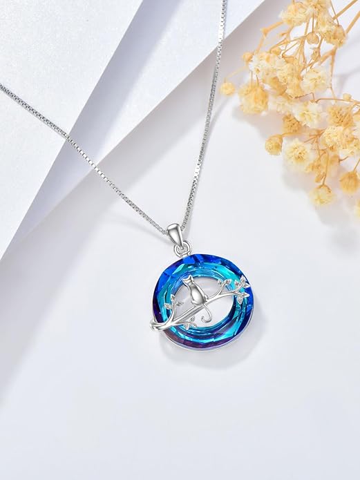 TOUPOP Cat Gifts for Women Sterling Silver Cat Necklaces with Circle Crystal Cat Lovers Jewelry Gifts for Women Girls Birthday Christmas