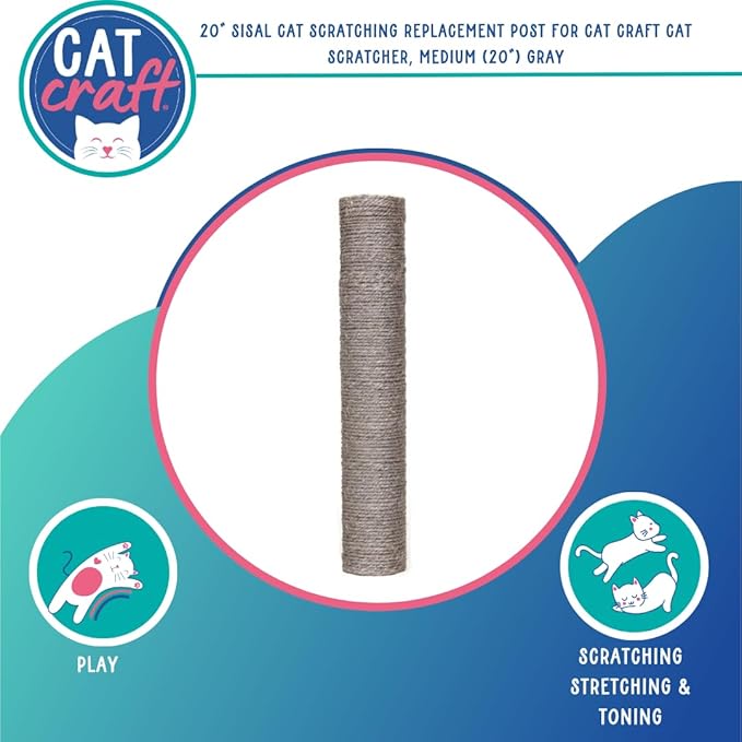 Cat Craft Replacement Sisal Cat Scratching Post 20" | Replacement Part & Extension Post, Grey
