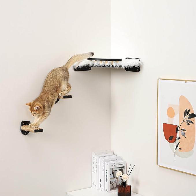 3 Pcs Cat Wall Steps, Cat Shelves and Perches for Wall, Wall-Mounted Cat Climbing Shelf with Hemp Rope Covered, Cat Wall Furniture Steps Set with Scratching Pads for Cats Playing and Climbing (Black)