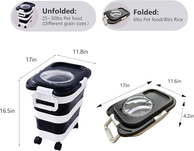 25 lbs Dog Food Storage Container,Collapsible Dog Food Container with Travel Silicone Bowl and Scoop,Pet/Dog/Cat/Bird Food/Cat litter Storage Containers to Keep Dry,Easy to Move.(Black)