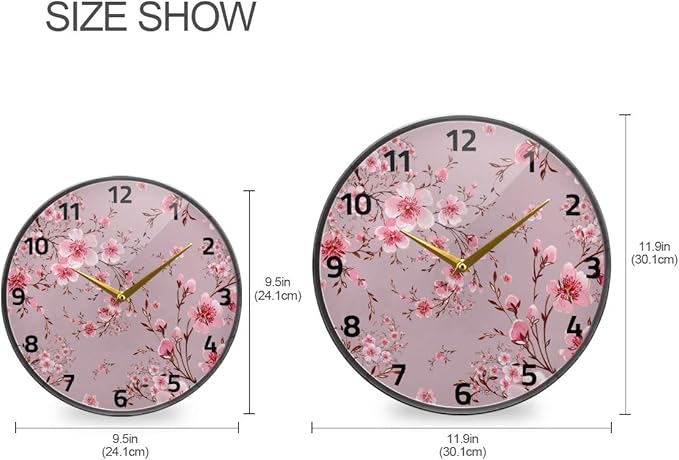 ALAZA Pink Floral Cherry Blossom Wall Clock Battery Operated Silent Non Ticking Clocks for Living Room Decor 12 Inch / 9.5 Inch