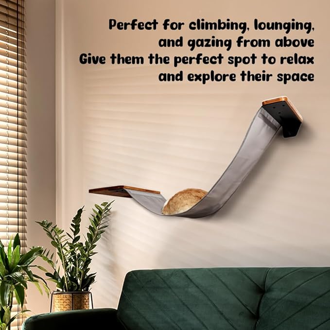 Cat Wall Hammock with Dual Fabric Design – Sturdy Wall Mounted Cat Bed for Large Cats, Cat Bridge, and Cat Wall Perch with Metal Frame and Wooden Shelf for Cozy Rest- MK2026A
