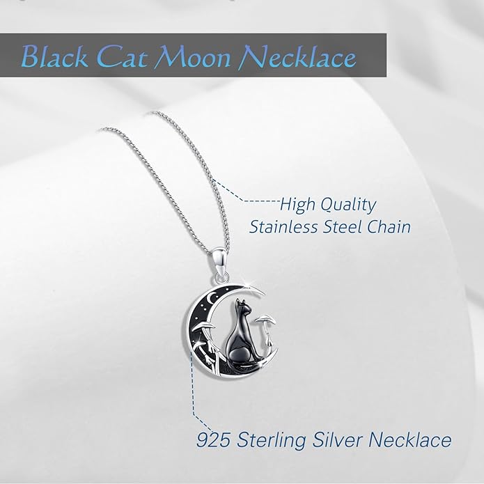 AUDINCCED Black Cat Necklace Turtle Necklace Gothic Jewelry Butterfly Necklace Cat Necklace 925 Sterling Silver Crescent Moon Necklace for Women Cat Gifts for Cat Lovers