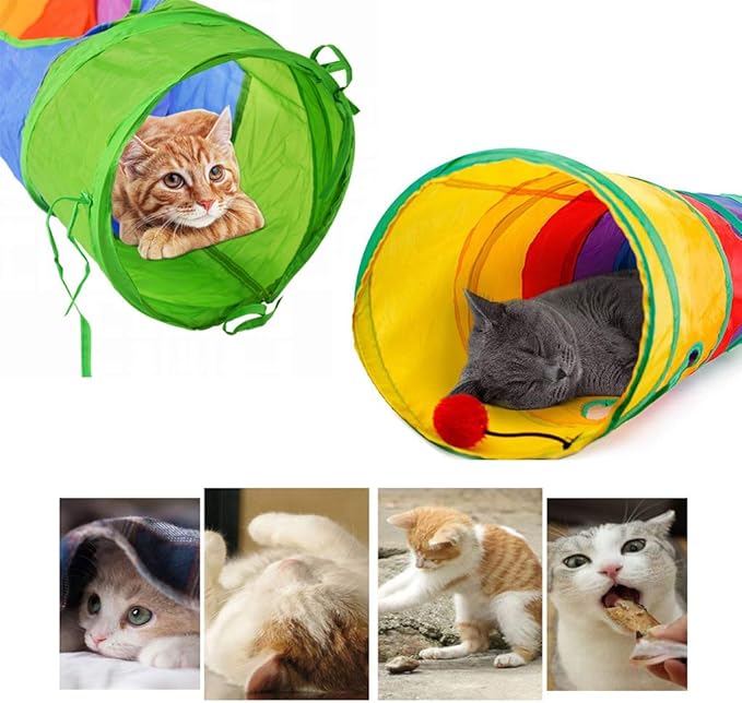 Andiker Cat Tunnel, Cat Tubes for Indoor Cats Collapsible Cat Play Toy for Puzzle Exercising Hiding Training and Running with a Red Fun Ball and 2 Holes (25&120cm) (Colorful)