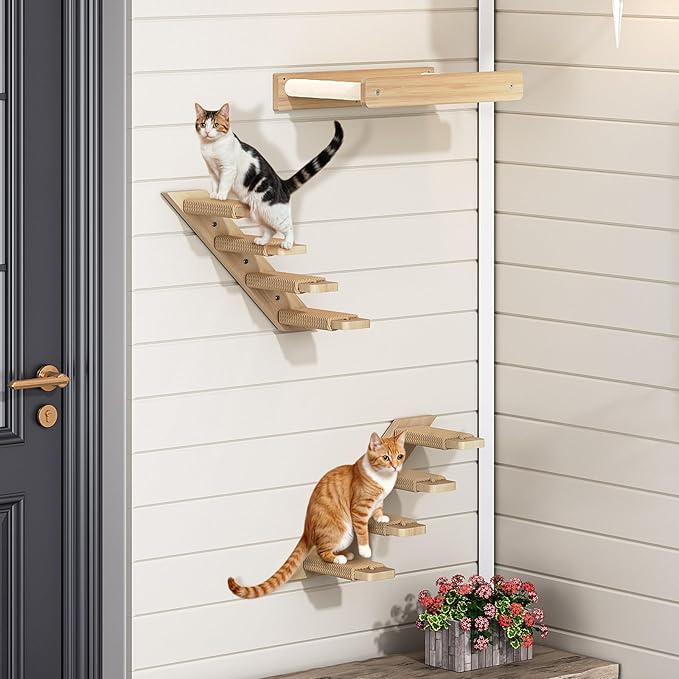 HOOBRO Wood Cat Wall Shelves, 4-Level Cat Wall Steps with Jute Scratching Steps, Cat Climbing Wall, Cat Wall Furniture, Easy to Install, Holds up to 40 lb, Natural NL11CS03