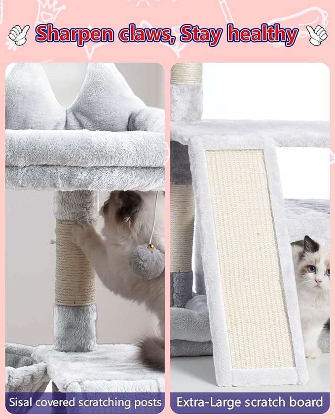 Cat Tree, Cat Tower with condo, Basket, Large Bed, Platform, Scratch Board, Cat Scratching Posts for Indoor Cats, Light Gray GCT002SW