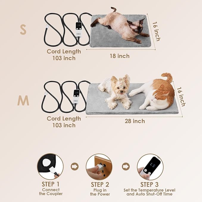 EHEYCIGA Heated Cat Bed Indoor, 6 Adjustable Temperature Dog Cat Heating Pad with Timer, Pet Heating Pad for Cats with Chew Resistant Cord, Waterproof Cat Heating Pad for Winter, 18"x16", Grey