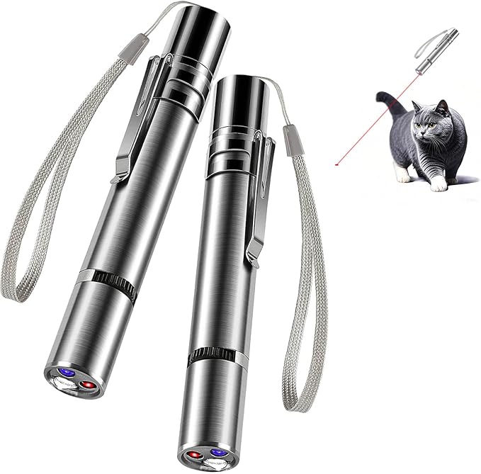 2 Pack Laser Pointer Cat Toy 7 Adjustable Modes Red Light to Amuse Pets Blue Light Can Check Money with Small Torch USB Rechargeable Metal Material