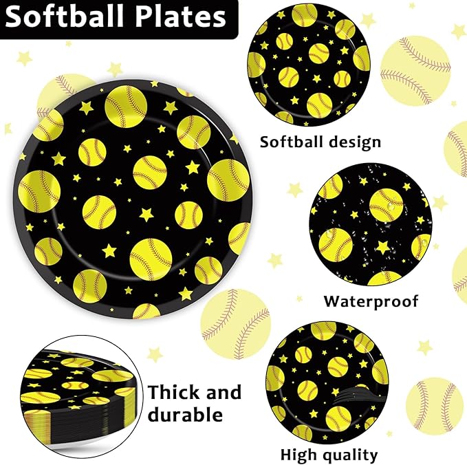 96Pcs Softball Birthday Party Supplies: 24 Servings - Black & Yellow Softball Tableware Set - Plates, Napkins, Forks - Sports Theme Party Kit