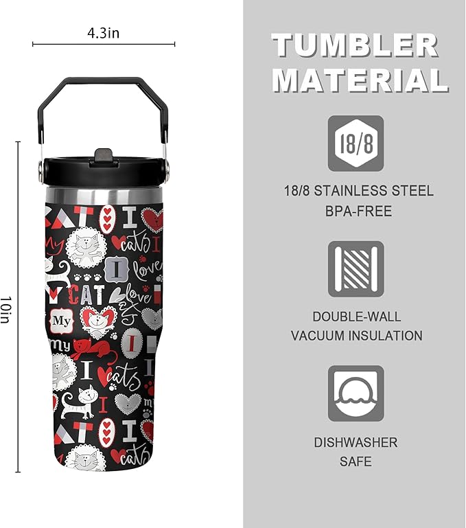 30 Oz Cat Tumbler with Straw and Handle, Insulated Cat Mugs for Cat Lovers, Double Wall Stainless Steel Cat Coffee Mug, Cat Mom Mug or Cat Dad Mug and 30 Oz Cat Cups Gifts for Cat Lovers for Women