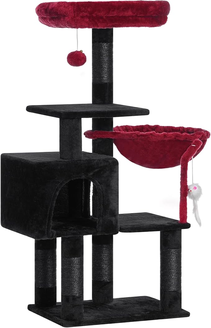 Heybly Cat Tree with Toy, Cat Tower condo for Indoor Cats, Cat House with Padded Plush Perch, Cozy Hammock and Sisal Scratching Posts, Black and Red HCT004SBR
