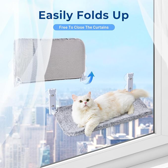 Cat Window Perch for Cats Inside, Foldable Cat Window Hammock for Cats Indoor, Cordless Cat Window Bed Seat with 4 Suction Cups, Sturdy Metal Frame, Soft Reversible Cover, Medium, Grey