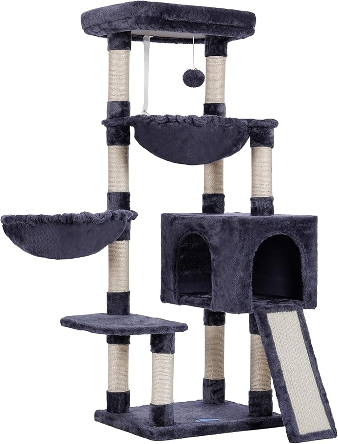 Hey-brother Large Cat Tree, Cat Tower for Indoor Cats, Cat House with Padded Bed, Cozy Condo, Hammocks, Sisal Scratching Posts, Big Scratcher, Smoky Gray MPJ006-MG